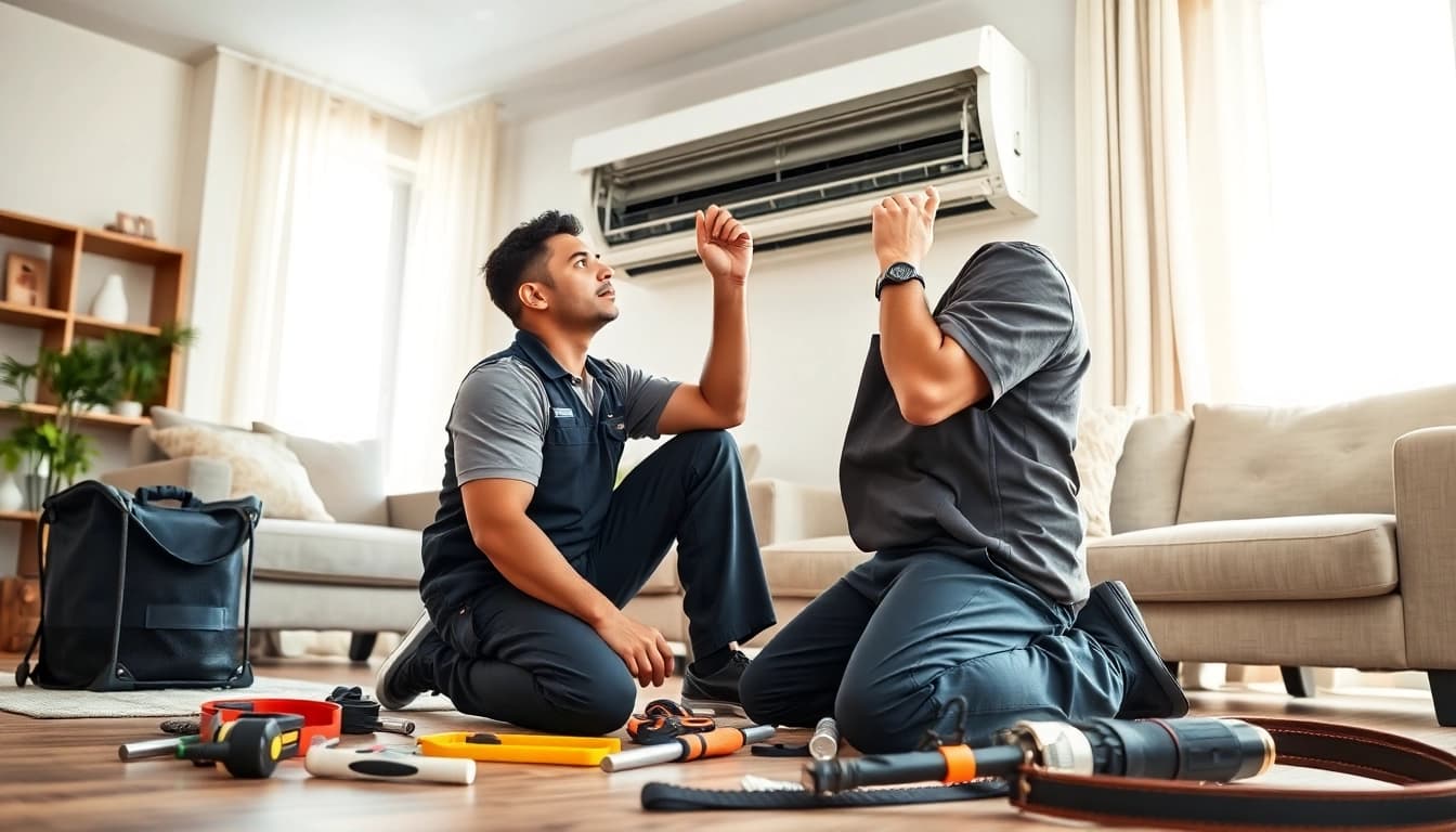 Ensure proper air conditioning repair Tampa service with an HVAC technician at work in a cozy home setting.
