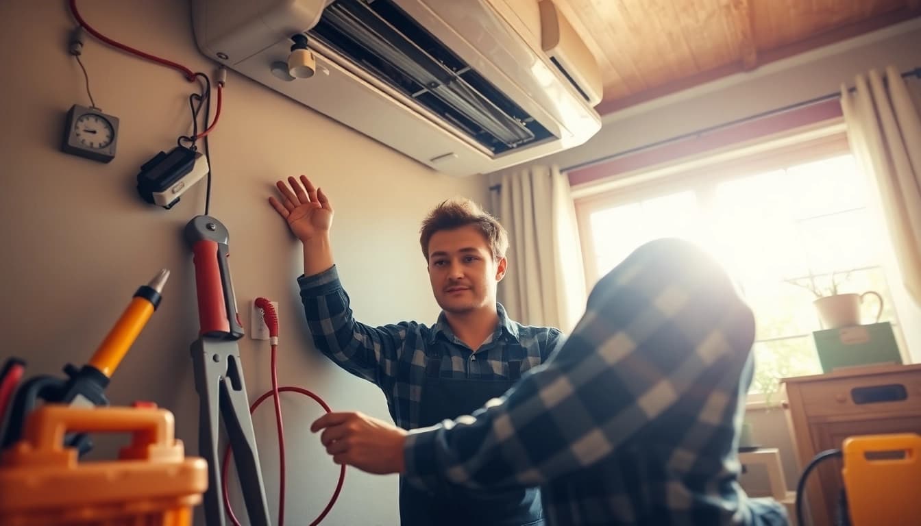 Technician performing emergency hvac repair bc amid tools and a well-lit home.