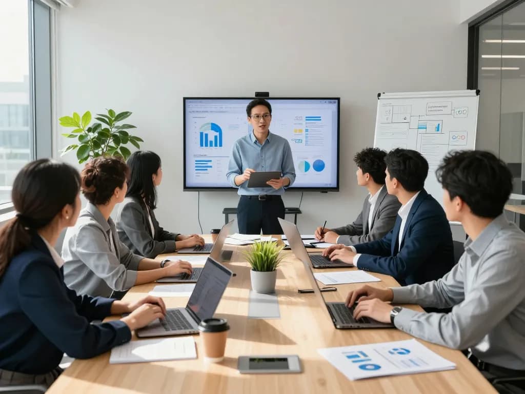 Team collaboration using WPS tools in a modern office environment, showcasing vibrant teamwork and innovation.