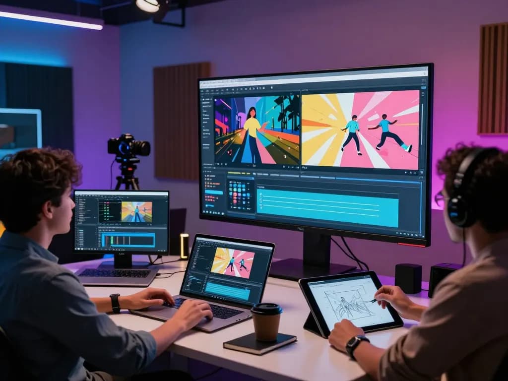 Team collaborating on cutting-edge Kling motion ai video editing technology in a high-tech studio.