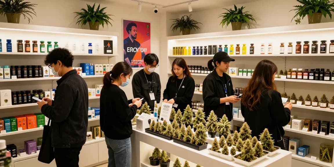 Seoul weed enthusiasts exploring a modern cannabis shop featuring diverse strains and products.