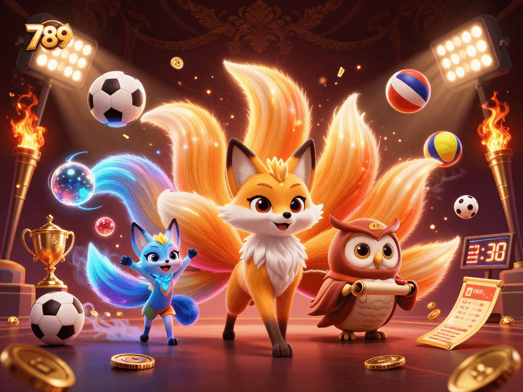 Experience the vibrant world of 789 with a colorful nine-tailed fox and wise owl amidst dynamic betting elements.