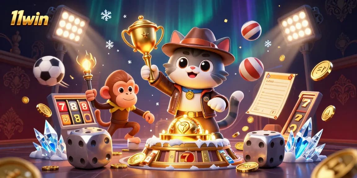Experience the thrill of 11win with an explorer cat and monkey amidst casino treasures.