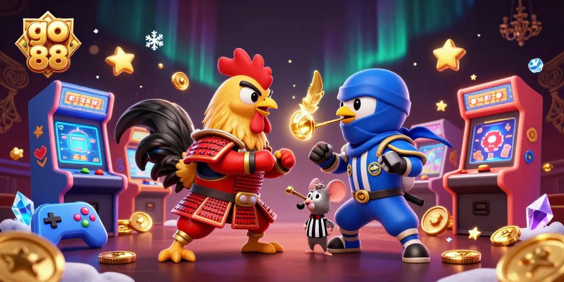 Experience go 88 with stunning cartoon roosters battling in a vibrant casino-themed arena.