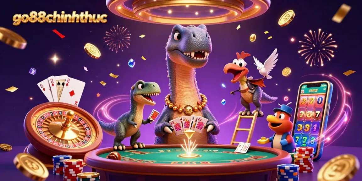 Enjoy thrilling casino action with go88chinhthuc featuring a playful dinosaur and a card-dealing raptor.