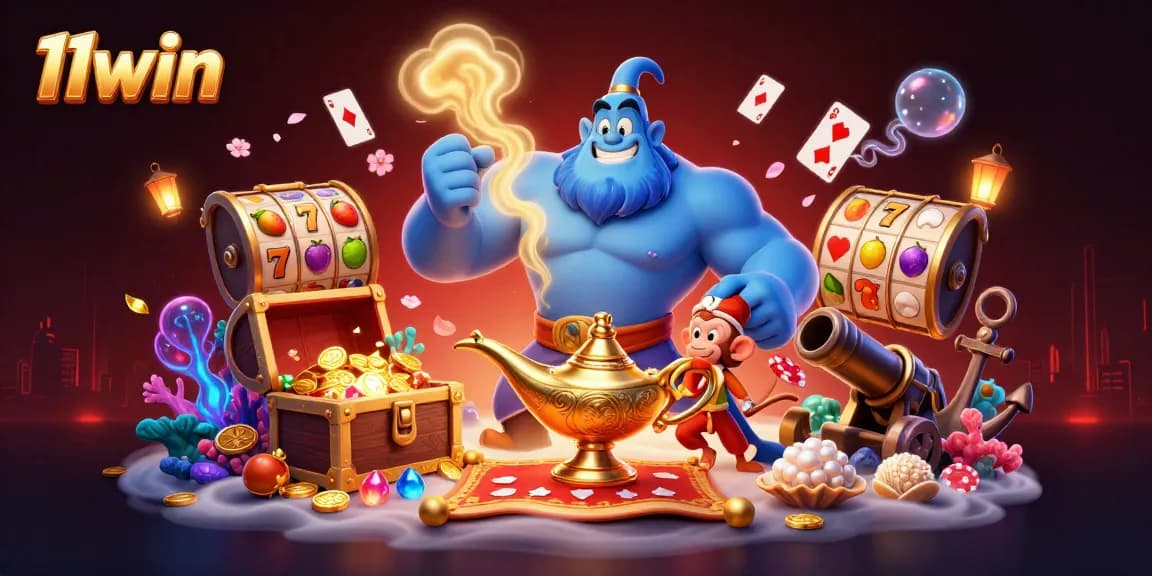 Experience the thrill of 11win with a vibrant illustration showcasing a magical genie scene packed with casino elements.