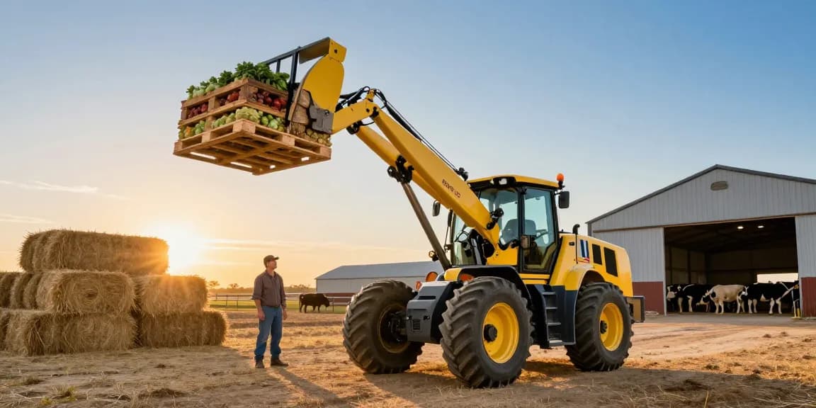 Best farm loader in Texas showcasing powerful electric telescopic wheel loader lifting heavy produce on a Texas farm.