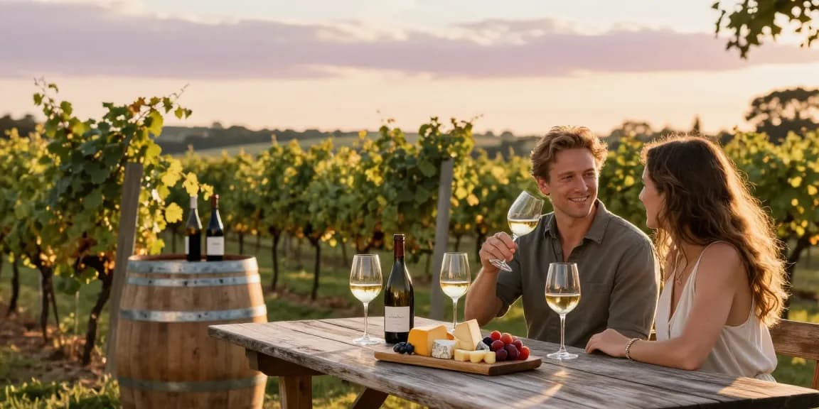 A couple enjoying Long Island wines at a vineyard with cheese and fruit platter, sunny outdoor atmosphere.