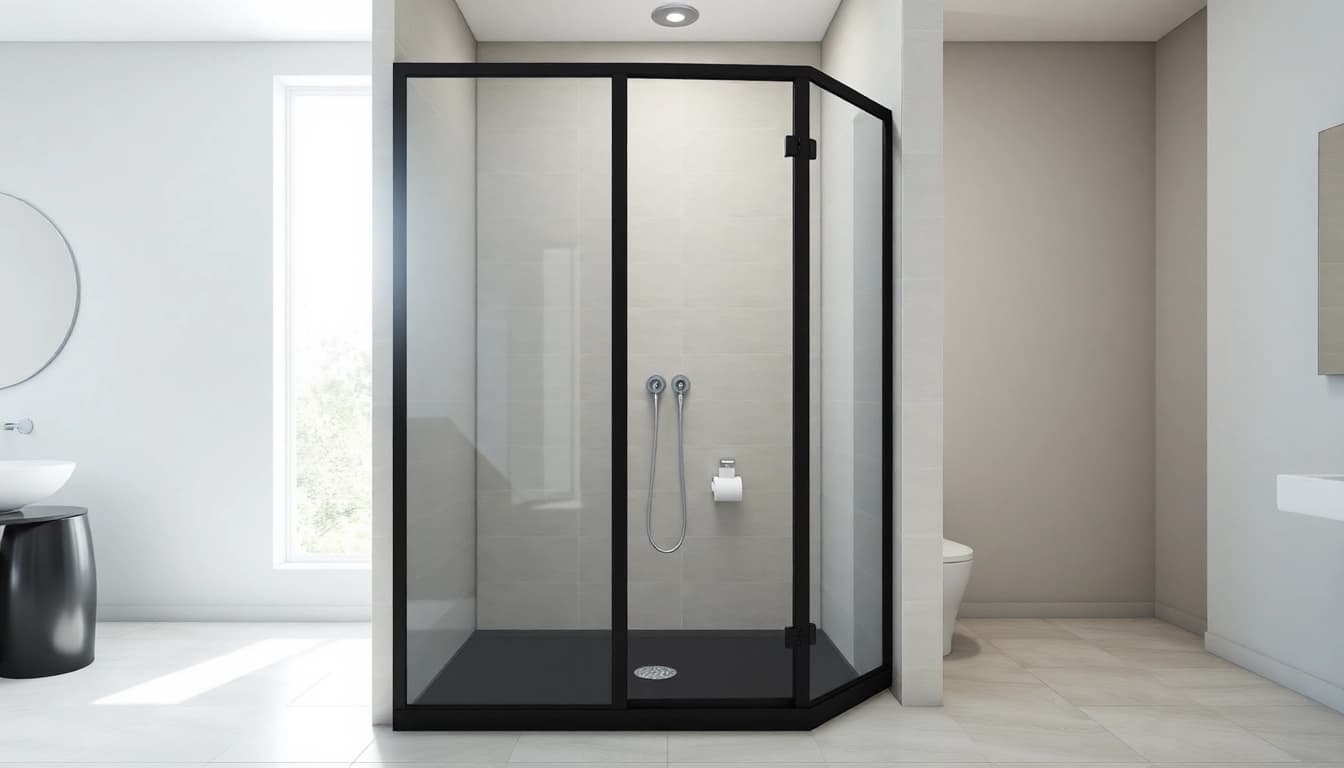 Stylish black shower door elegantly showcased in a modern bathroom environment.