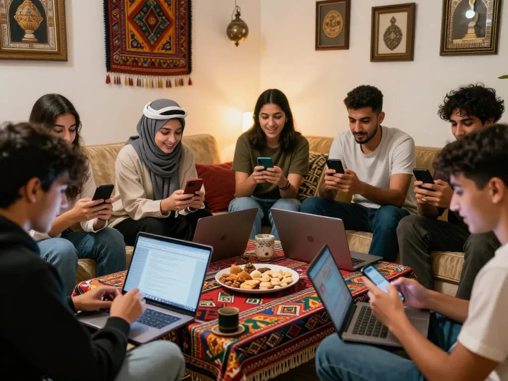 Engaging chat scene showcasing vibrant دردشة فلسطين among Palestinian youth in a warm and cozy environment.
