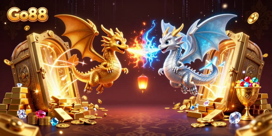Engage with Go88's thrilling gaming experience featuring majestic dragons amidst treasures and vibrant animations.