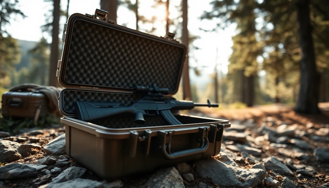 Shop pelican gun case for sale, featuring a rifle safely stored in a rugged outdoor setting.