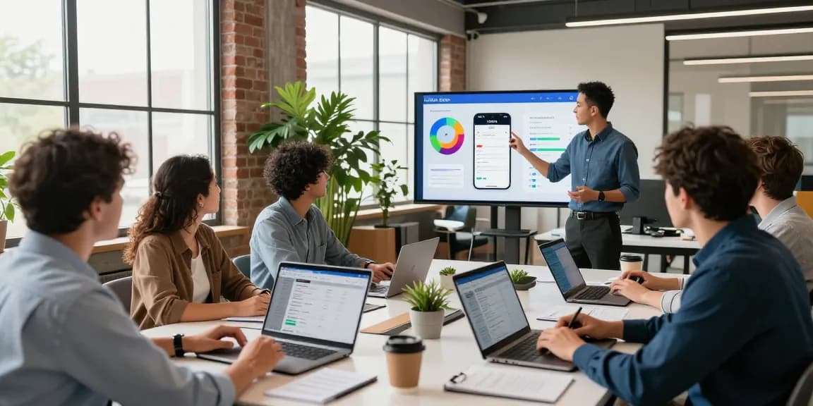 Team collaborating in a vibrant office showcasing an Uber-like service booking platform with analytics on screen.