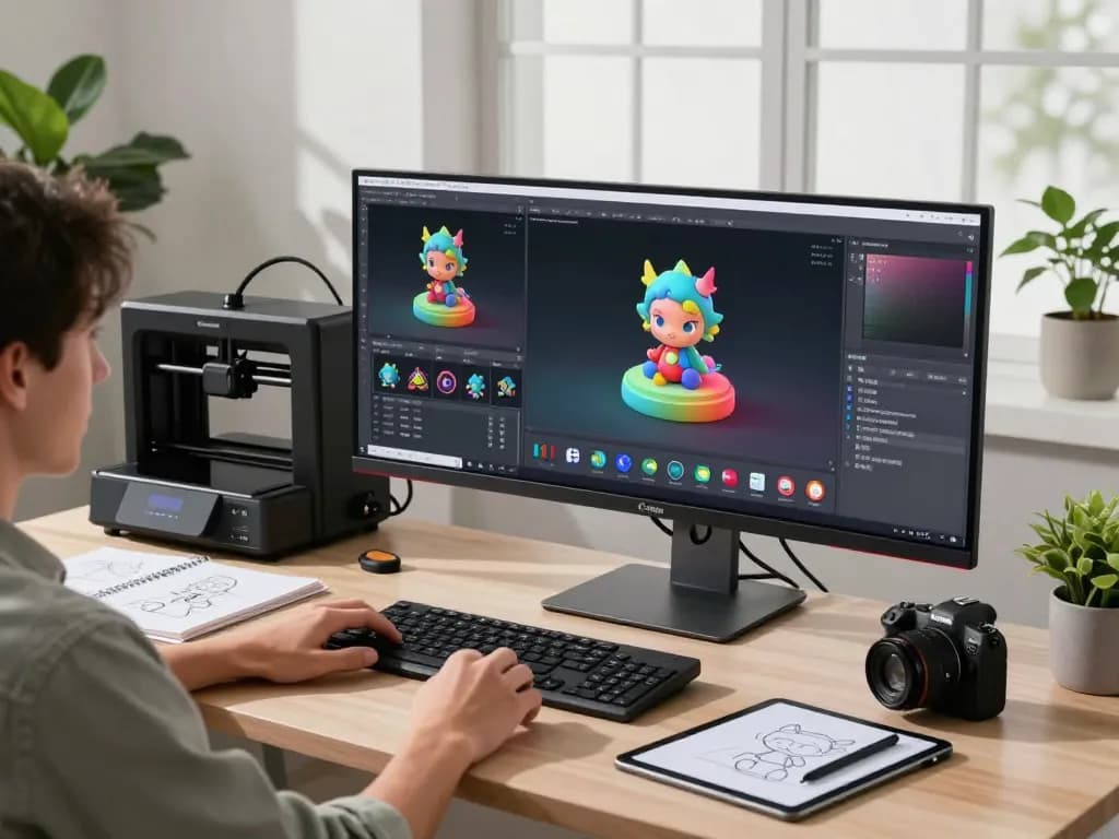 Creative workspace with a user using a 3D Model generator software on dual monitors, showcasing innovative 3D designs.