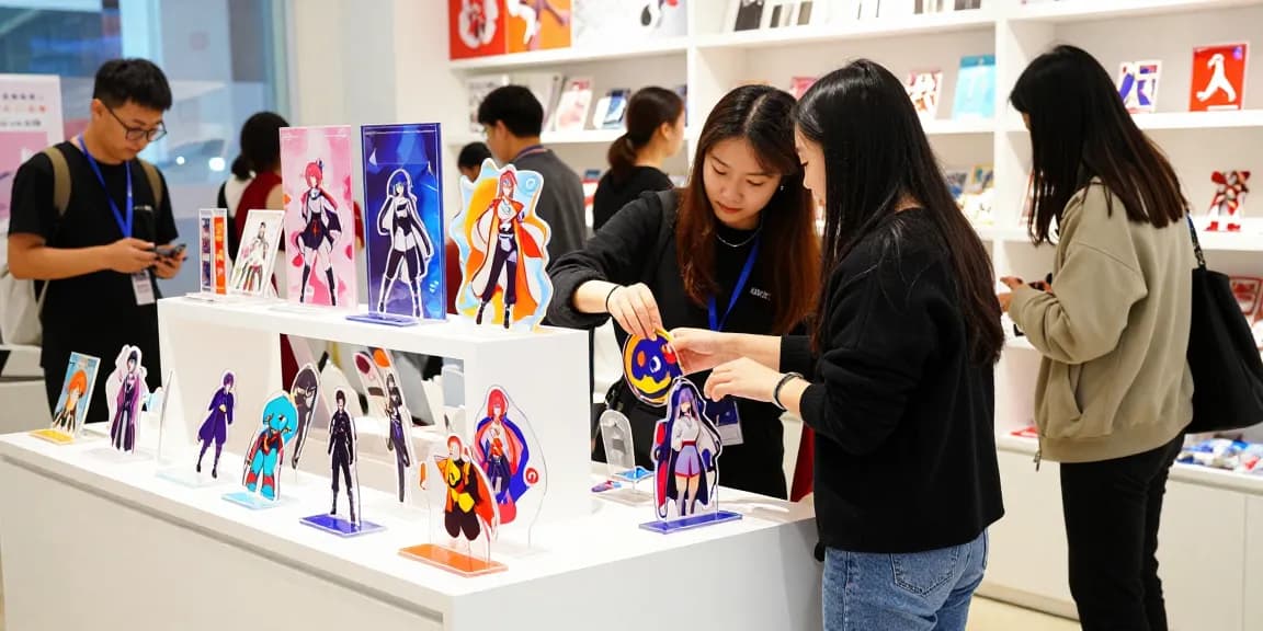 Custom acrylic stand displays capturing customer interest in a vibrant retail environment.