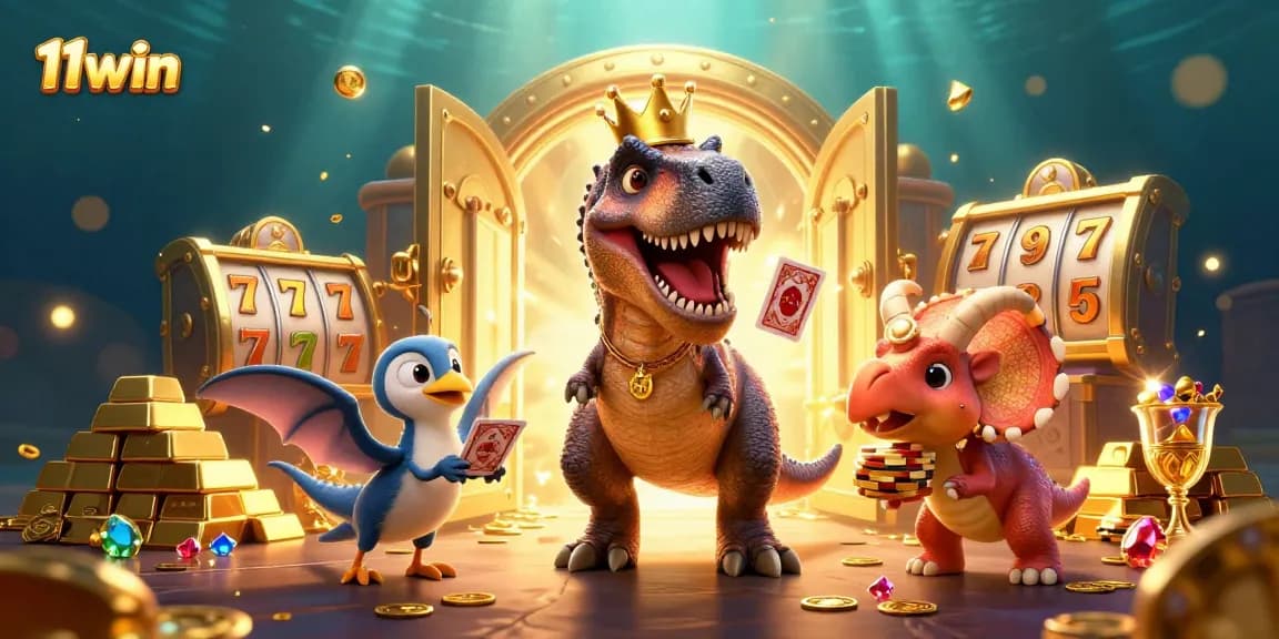 Experience thrilling wins at 11win with a vibrant casino scene featuring playful dinosaurs.