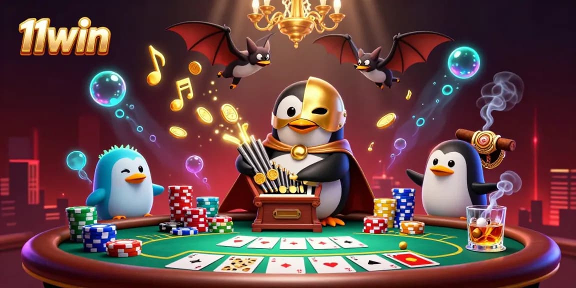 Play vibrant games at 11win with a cartoon penguin organist and poker elements!