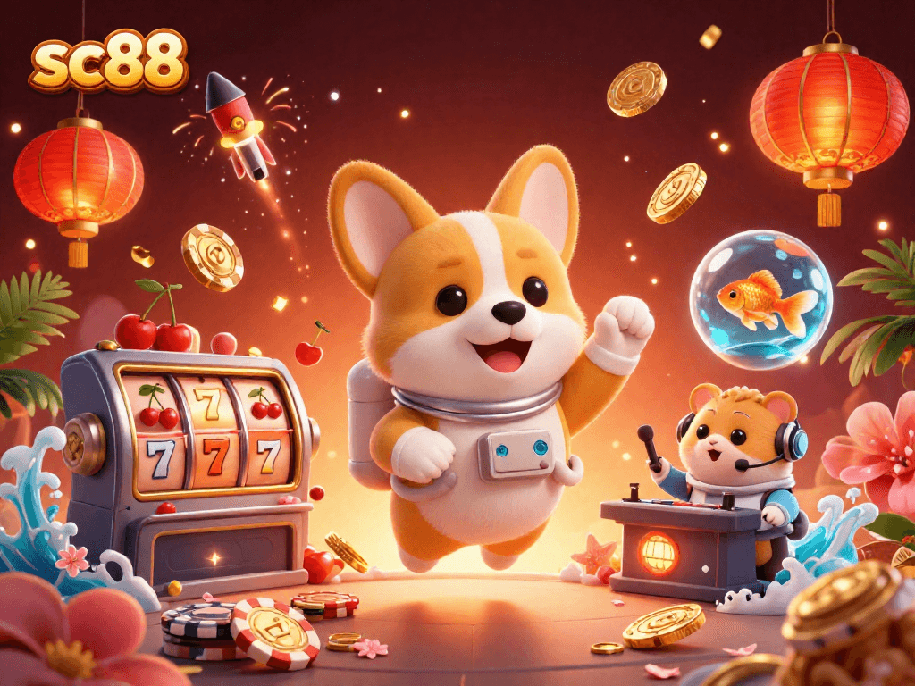 Play thrilling games at sc88's vibrant casino universe with floating characters and enchanting features.