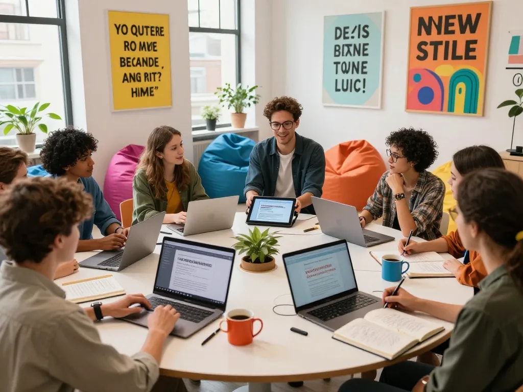 Creative team discussing NSFW content ideas in a vibrant urban workspace.