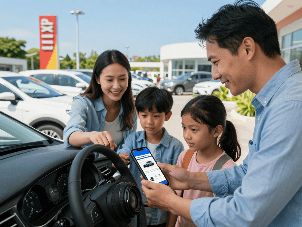 Family inspecting a used car, focusing on the carfax report cheap for informed purchase decisions