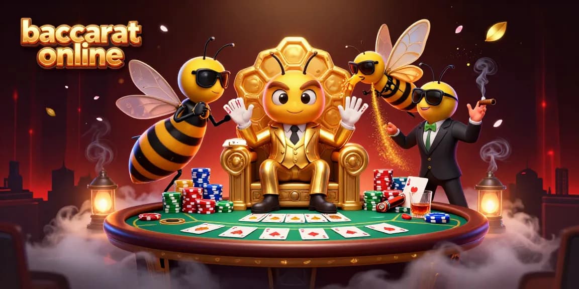 Baccarat online, a bee mob boss surrounded by bodyguards at a vibrant casino table.