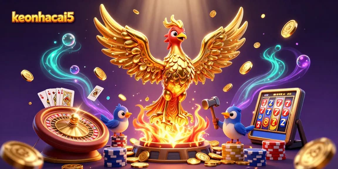 Experience keonhacai5 with a dynamic casino scene showcasing vibrant characters and games.