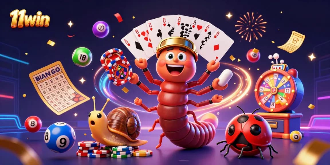 11win promo featuring a lively casino scene with a millipede dealer and high-roller snail.