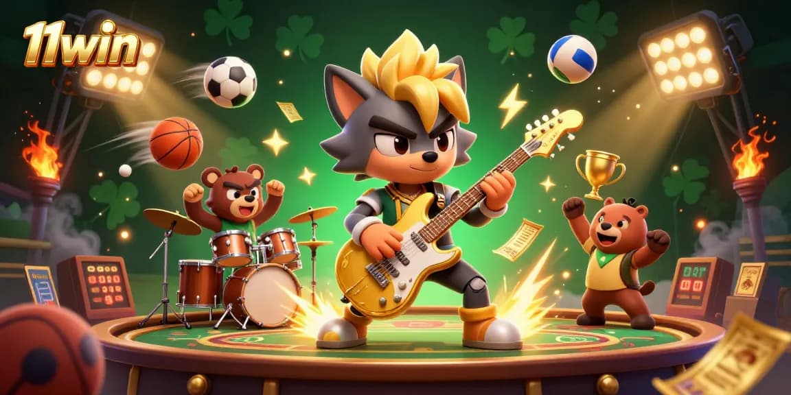 11win showcases a vibrant casino scene with a rock star wolf and wild drummer bear, surrounded by dynamic sports elements.