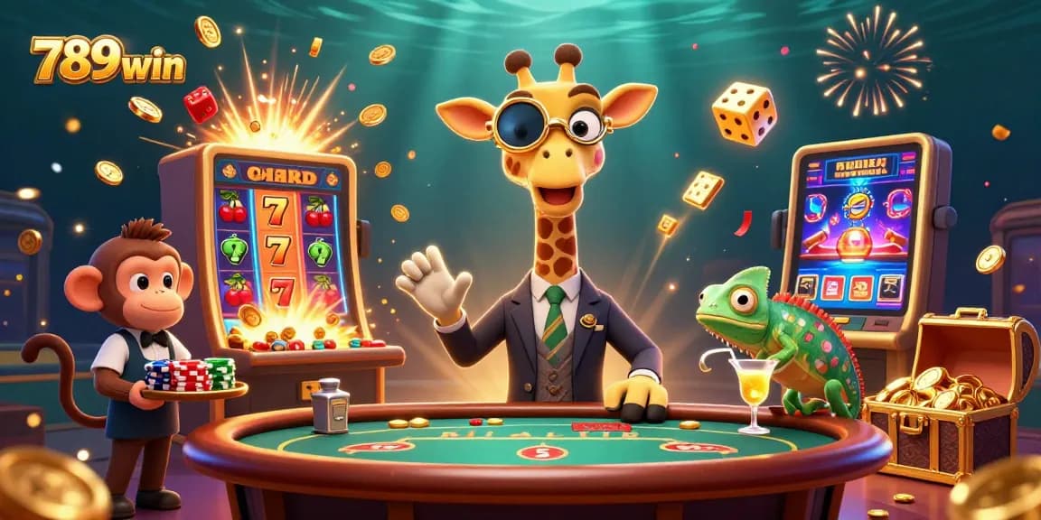 Experience thrilling fun at 789win with a high-roller giraffe, slot machines, and exciting casino action.