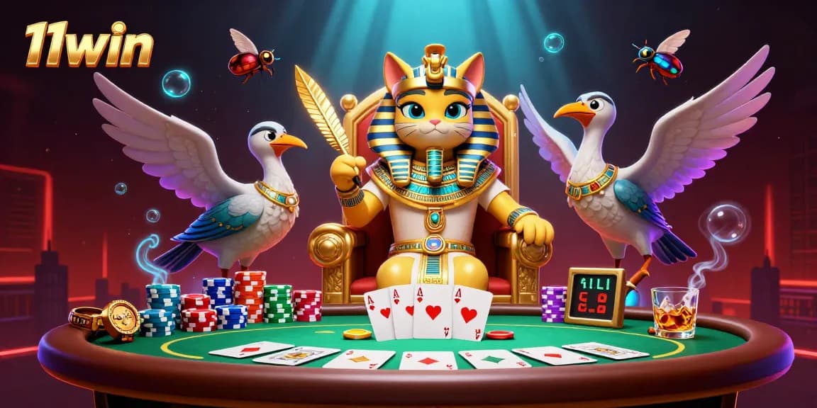 Play poker and win big with 11win's vibrant 3D pharaoh-themed casino scene!