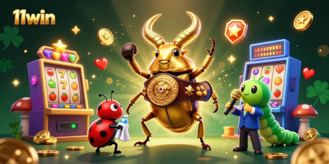 Engage with 11win's thrilling slots with an exciting 3D illustration of a golden beetle boxing champion!