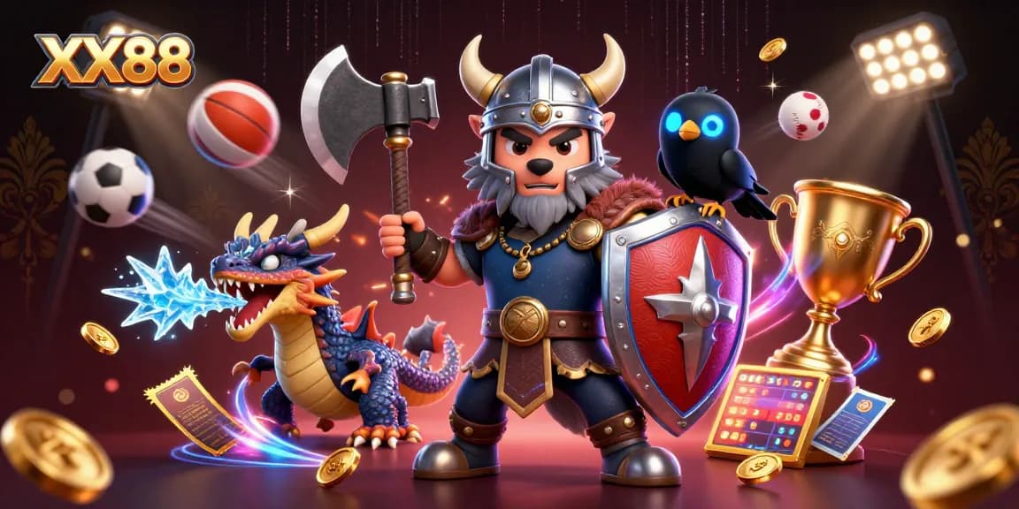 Winning at XX88 casino with heroic Viking wolf and fierce dragon amidst sports betting excitement.