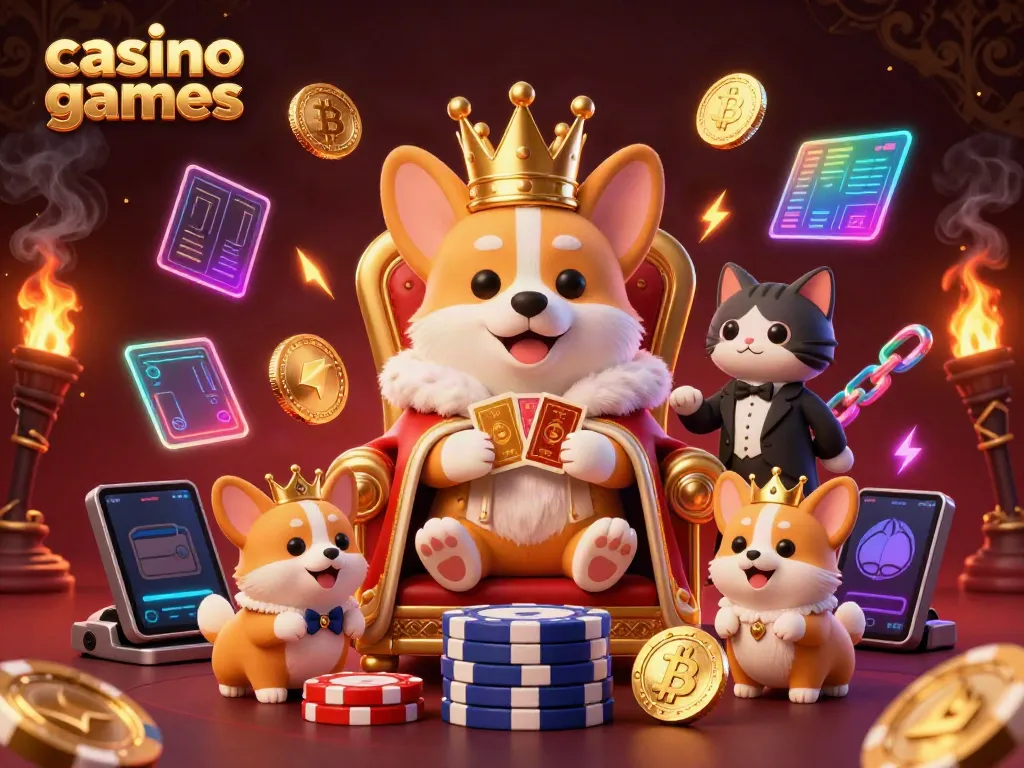 Experience thrilling casino games with royal corgi on throne, captivating characters, and crypto elements.