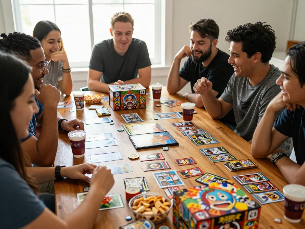 Exciting One Piece Card Game session with friends, showcasing vibrant booster packs and character cards.