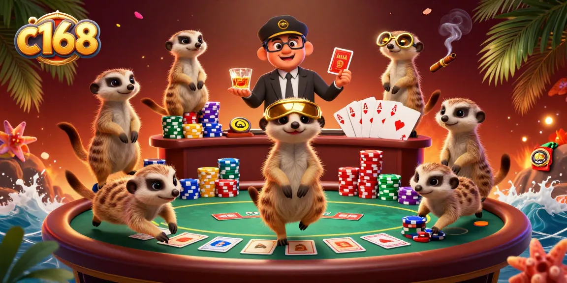 Experience thrilling games at c168's vibrant casino run by playful meerkats in a colorful 3D illustration.