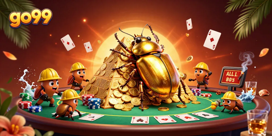 Experience thrilling gameplay at go99 with a golden dung beetle, casino symbols, and poker elements.