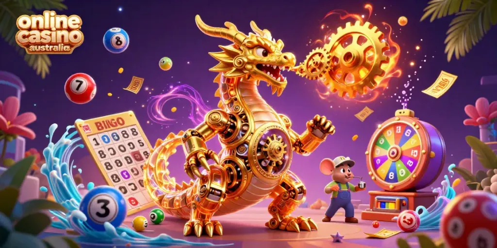 Explore the thrill of online casino Australia with a golden dragon and dynamic gaming elements.