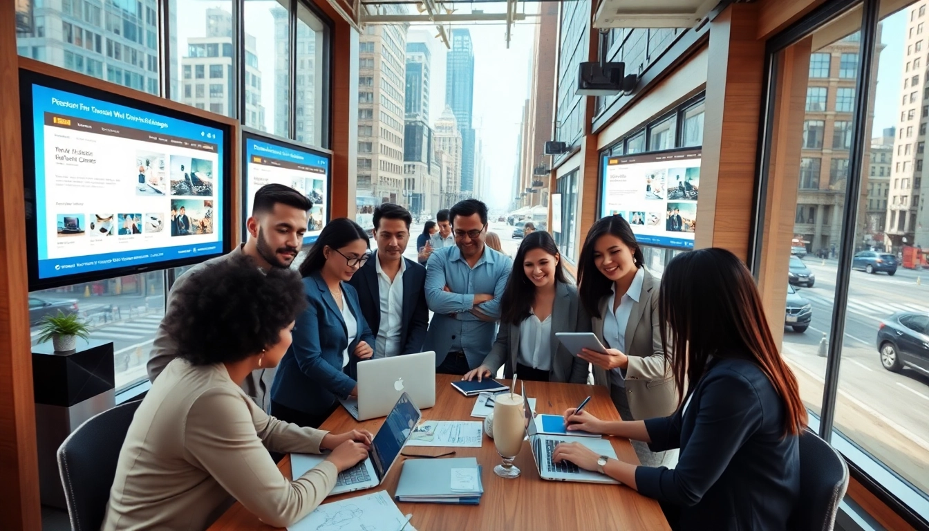 NYC website development team collaborating in a modern workspace with digital designs.