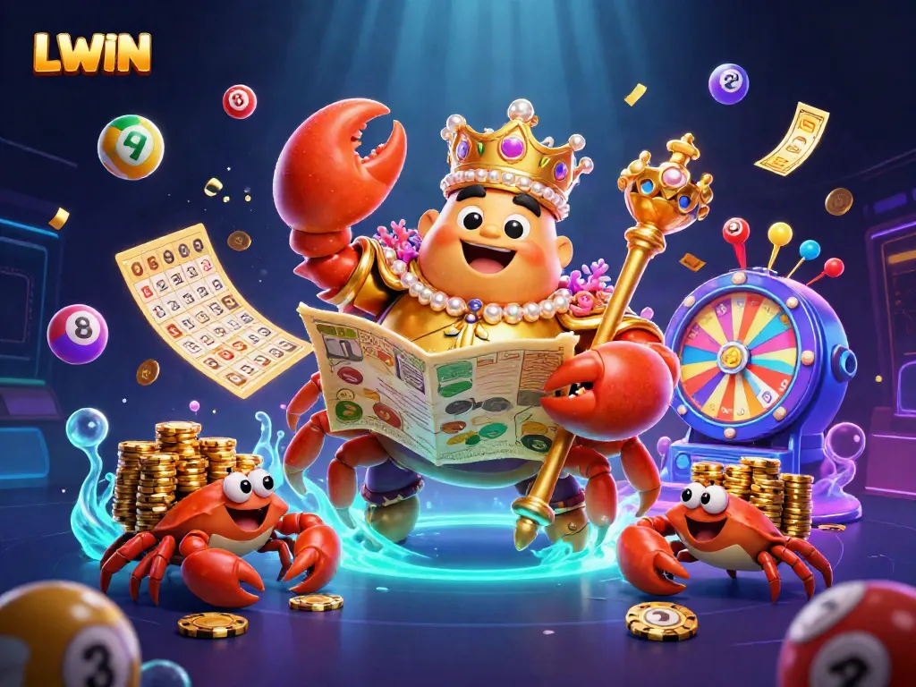 Experience the LLWIN casino adventure with a golden crab emperor, lottery elements, and vibrant gaming excitement.