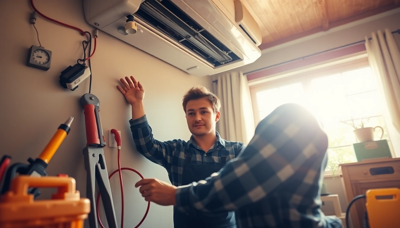 Technician performing emergency hvac repair bc amid tools and a well-lit home.