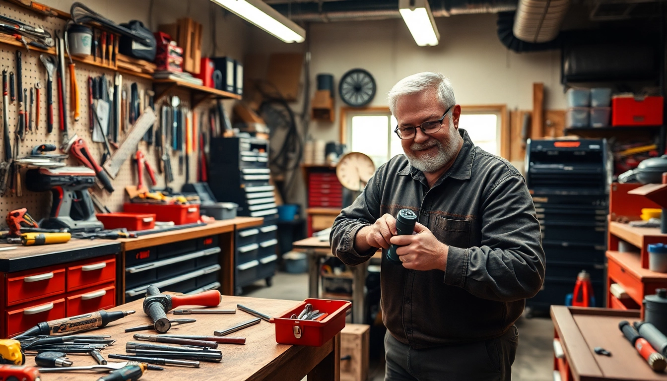 Craftsman skillfully using facom tools in a vibrant workshop environment.