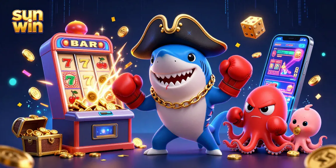Sun win brings excitement as a cartoon shark, pufferfish, and octopus play in a vibrant casino scene.