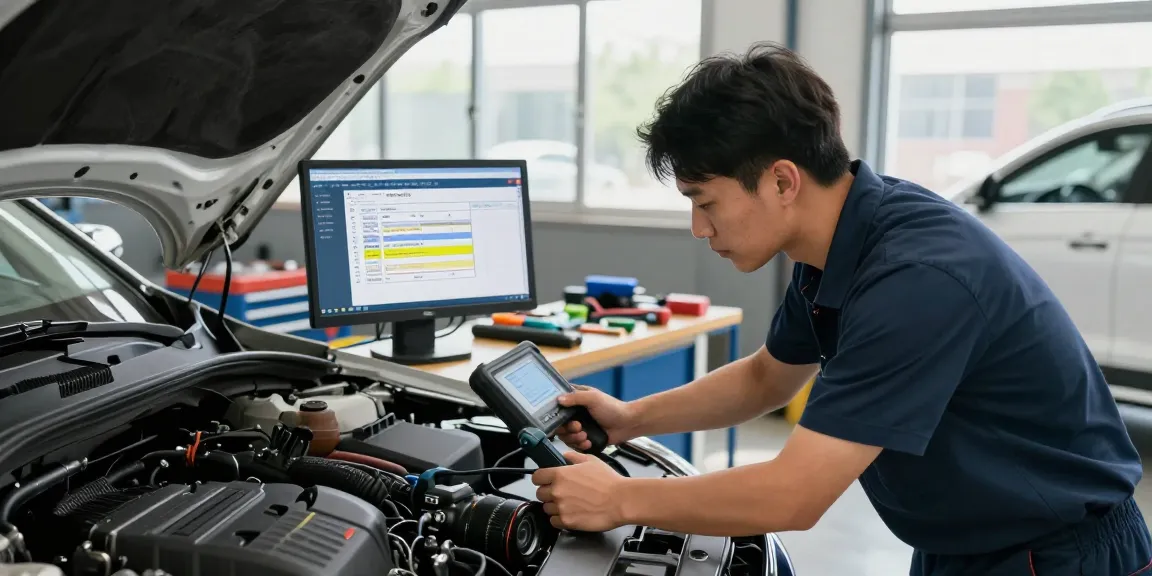 Vehicle mechanic performing a reliable VIN check service in a professional garage environment, ensuring accurate vehicle history.
