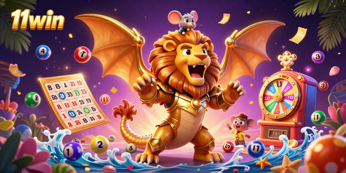 Engage with 11win's thrilling lottery scene featuring a roaring chimera and dynamic game elements.