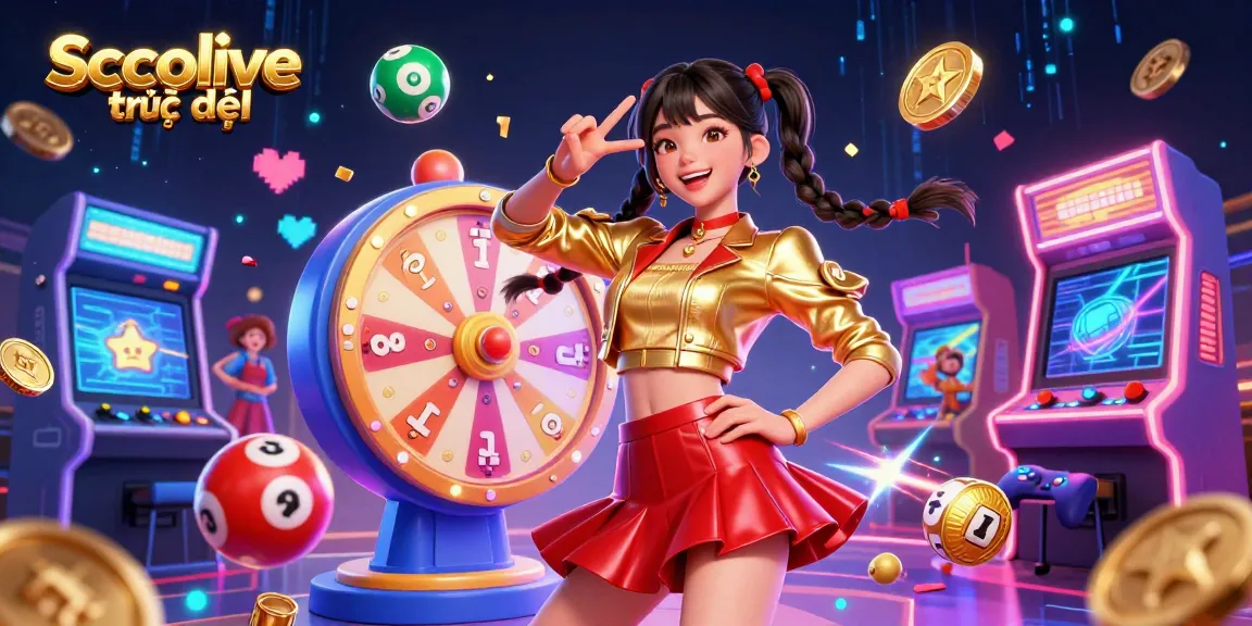 Socolive trực tiếp showcases a vibrant casino scene, featuring a stunning Asian woman engaging in an energetic pose amidst colorful gaming elements.