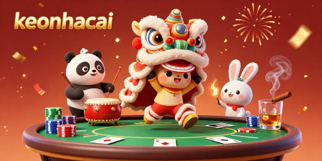 Experience the excitement of gambling with keonhacai in this vibrant 3D illustration of a festive lion dance.