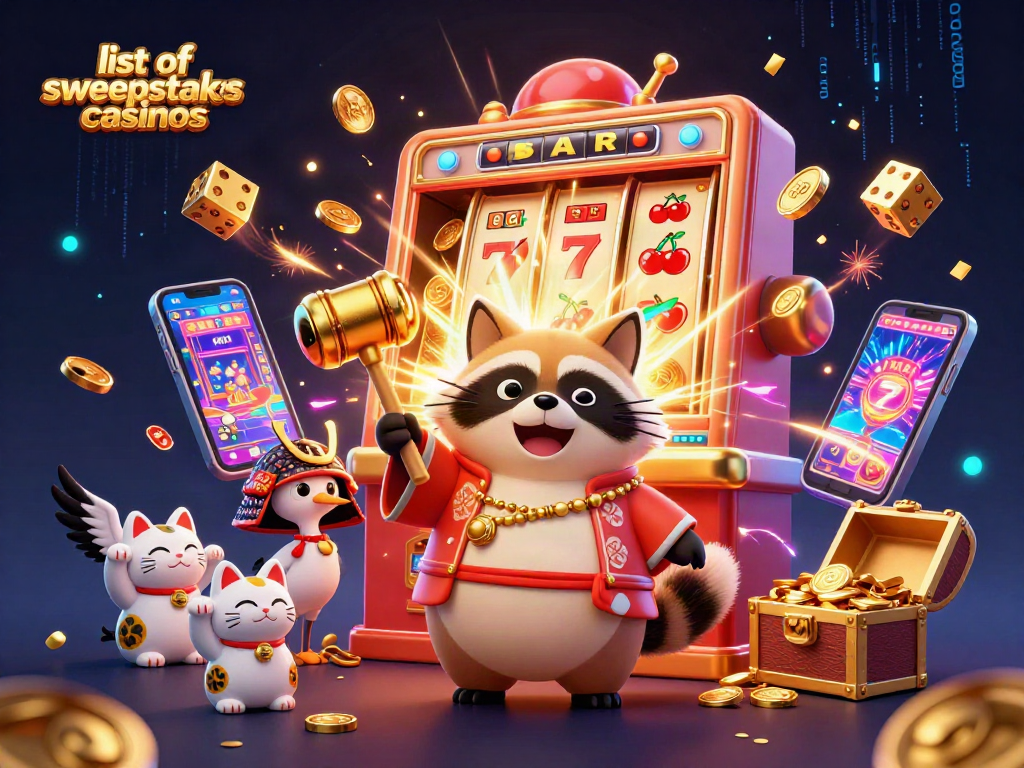 Join the excitement in this vibrant scene showcasing the list of sweepstakes casinos with cheerful characters and dynamic casino elements.
