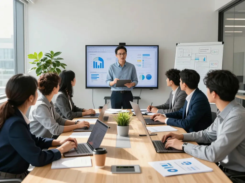 Team collaboration using WPS tools in a modern office environment, showcasing vibrant teamwork and innovation.
