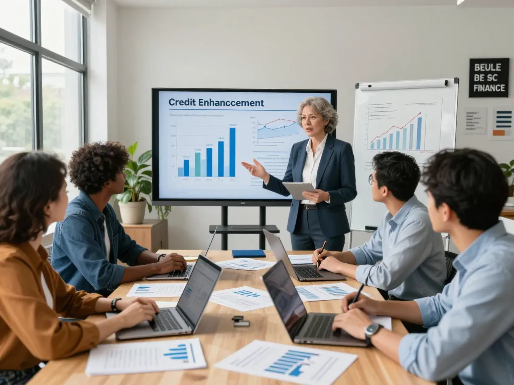 A collaborative team discussing Credit enhancement services in a modern finance office, with digital presentations, laptops, and inspiring decor.