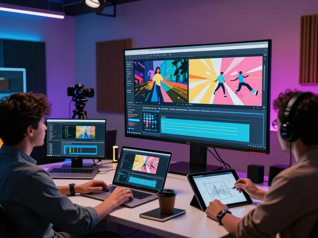 Team collaborating on cutting-edge Kling motion ai video editing technology in a high-tech studio.